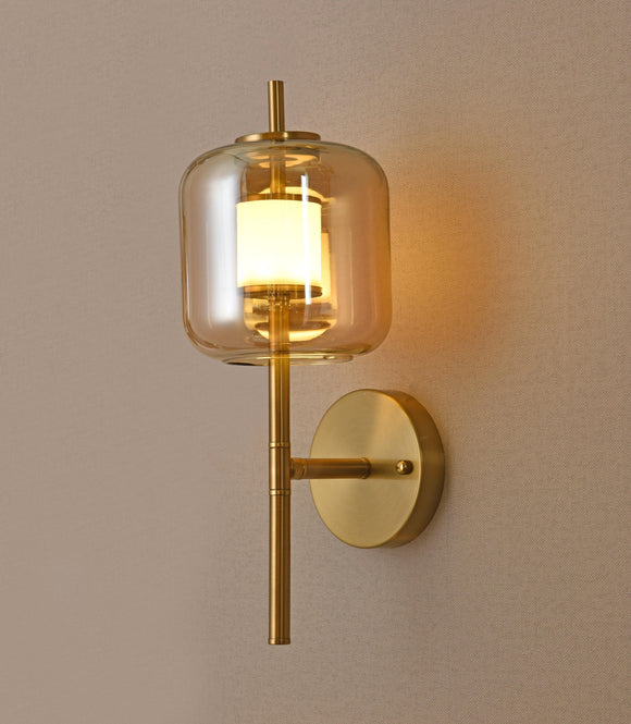 Amber Glass Wall Light Brass Gold Metal Bedroom Living Room Wall Light - Warm White