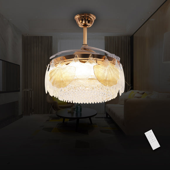 Feather Betel Glass Crystal Ceiling Fan Chandelier Luxury 42 Inch Gold Retractable Light LED 3 Color Setting Control with Remote - Warm White