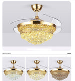 Invisible Ceiling Fan Chandelier with Crystal and Remote Control Retractable ABS Blades - Warm White