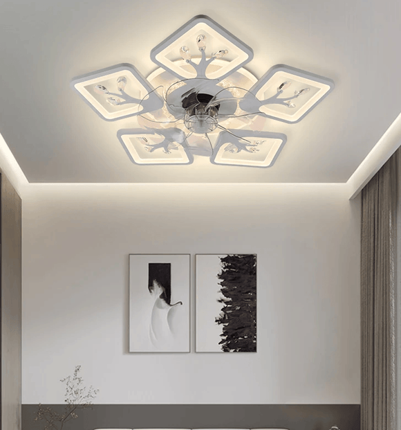 5 Light 600 MM White Low Ceiling Light with Fan LED Chandelier - Warm White - Ashish Electrical India