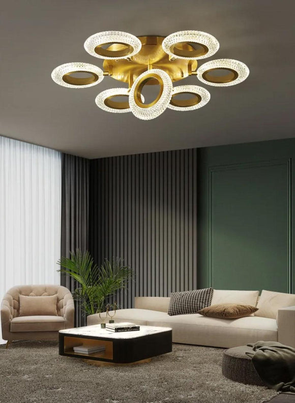 7 Light Round Crystal Gold Body Chandelier Ring for Dining Living Room - Warm White - Ashish Electrical India