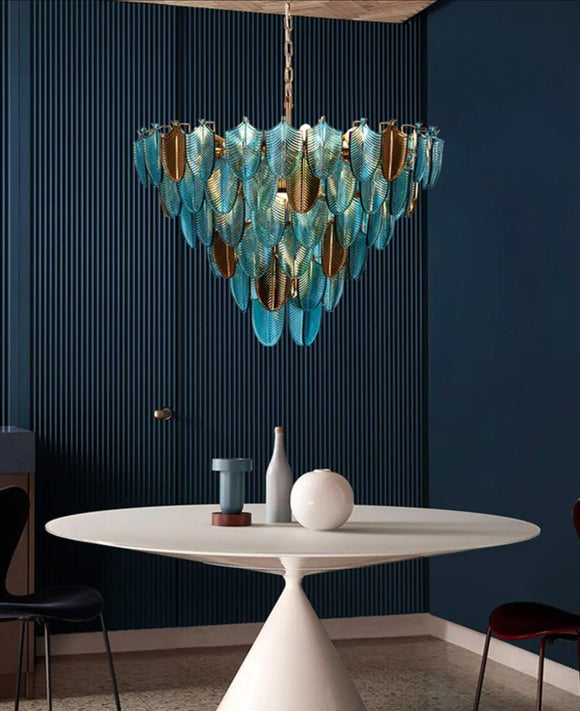 600 MM Blue Clear Glass Gold Metal LED Chandelier Hanging Suspension Lamp - Warm White - Ashish Electrical India