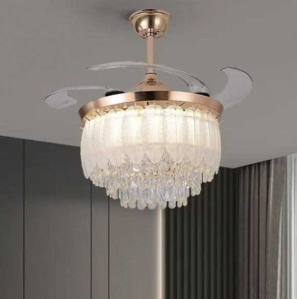 Feather Glass Crystal Ceiling Fan Chandelier Luxury 42 Inch Gold Retractable Light LED 3 Color Setting Control with Remote - Warm White