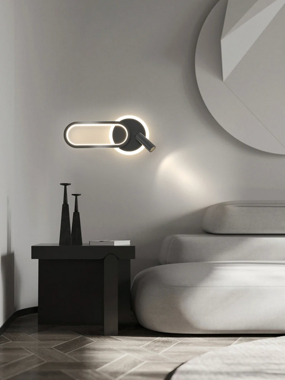 LED 16W Black Round Oval Bedside Wall Ceiling Light with Spot - Warm White