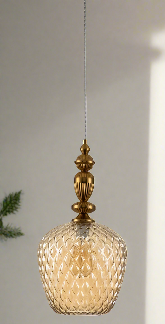 Amber Glass Brass Gold Pendant Light for Bedside Hanging Light - Warm White
