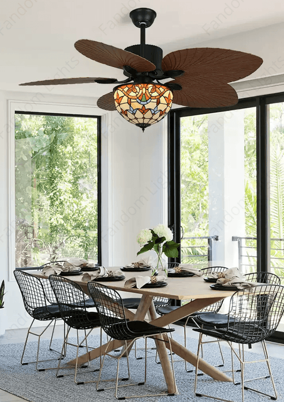 52 INCH WIND WOODEN PALM LEAF Tiffany Glass CEILING FAN REMOTE CONTROLLED - DARK WOOD