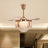 Feather Glass Crystal Ceiling Fan Chandelier Luxury 42 Inch Gold Retractable Light LED 3 Color Setting Control with Remote - Warm White