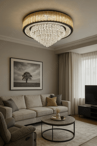 800 MM GOLD K9 CRYSTAL  LAYERS LED CHANDELIER LAMP for Drawing Room - WARM WHITE