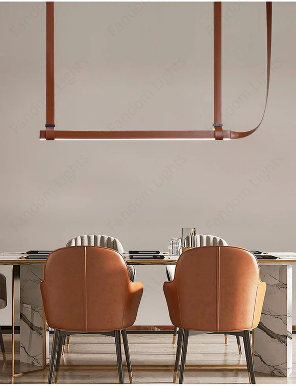 TAN LEATHER BELT CHANDELIER HANGING LAMP - WARM WHITE