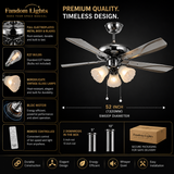 3 LIGHT GLASS CEILING FAN CHANDELIER 52 INCH