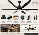 54 Inch 6 Blade Wind lamp ceiling fan remote Controlled - Black