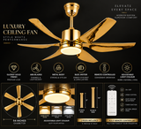 52 INCH 6 BLADE WIND LAMP CEILING FAN REMOTE CONTROLLED - Glossy Gold