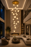 22 LED DOUBLE HEIGHT ALABASTER GLOBE STAIR CHANDELIER