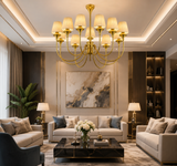 12 Light Fabric Shade Brass Italian Chandelier Light for Dining Hall