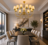12 Light Fabric Shade Brass Italian Chandelier Light for Dining Hall
