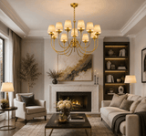 12 Light Fabric Shade Brass Italian Chandelier Light for Dining Hall