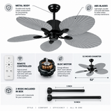 52 Inch Wind Wooden Palm Leaf ceiling fan remote Controlled - Grey