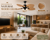 52 INCH WIND WOODEN PALM LEAF CEILING FAN With 3 Lights - LIGHT WOOD