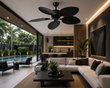 52 Inch Wind Wooden Palm Leaf Blade ceiling fan remote Controlled - Black