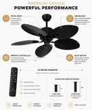 52 Inch Wind Wooden Palm Leaf Blade ceiling fan remote Controlled - Black