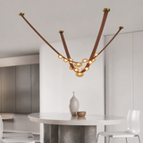 7 Light 3000MM Tan Leather Belt Black Amber Glass Chandelier Hanging Lamp