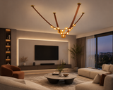 7 Light 3000MM Tan Leather Belt Black Amber Glass Chandelier Hanging Lamp