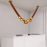 7 Light 3000MM Tan Leather Belt Black Amber Glass Chandelier Hanging Lamp