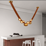 7 Light 3000MM Tan Leather Belt Black Amber Glass Chandelier Hanging Lamp