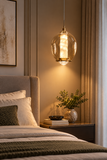 Led Brushed Gold Metal Stone Amber Glass Hanging Pendant Light