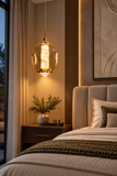 Led Brushed Gold Metal Stone Amber Glass Hanging Pendant Light