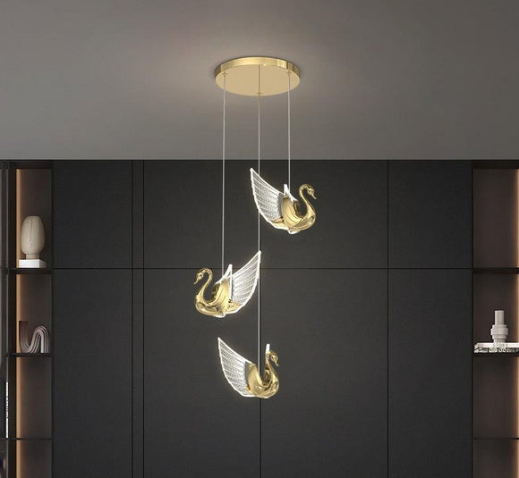 3 Light LED Gold Swan Bedside Hanging Pendant Ceiling Lamp Light Fixture - Warm White