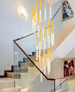 12 -LIGHT LED Gold Long CRYSTAL DOUBLE HEIGHT STAIR CHANDELIER - WARM WHITE - Ashish Electrical India