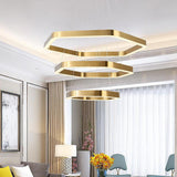 3 Light 3 Hexagonal Rings Pvd Coated Stainless Steel Gold LED Chandelier Hanging Lamp - Warm White