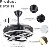 Invisible Black Rings Ceiling Fan Chandelier with Remote Control 4 Retractable ABS Blades - Warm White