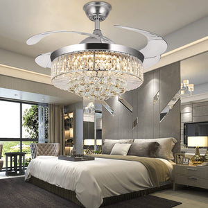 Crystal Ceiling Fan Chandelier Luxury Quiet Silver Retractable Ceiling Fan Light LED 3 Color Setting, Dual Control-Remote - Warm White