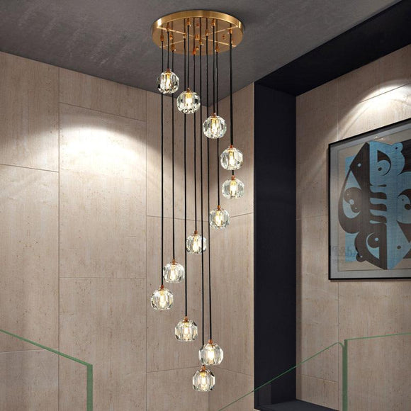 12-LIGHT LED Sturdy Glass GOLD DOUBLE HEIGHT LONG CHANDELIER - WARM WHITE - Ashish Electrical India
