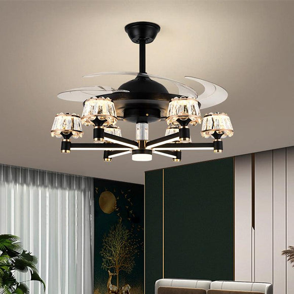 Ceiling Fan Chandelier with 3 Layer Crystal Black Gold and Remote Control 4 Retractable ABS Blades - Warm White - Ashish Electrical India