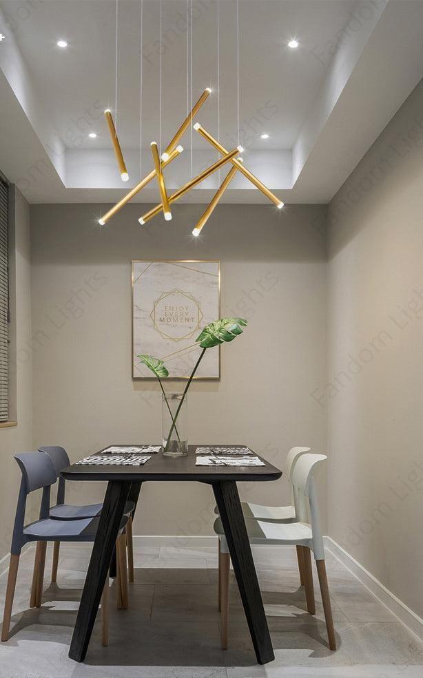 14-LIGHT LED Golden Stick Tilted DOUBLE HEIGHT LONG CHANDELIER WARM