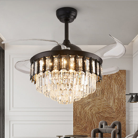Crystal Ceiling Fan Chandelier Luxury Hiding Quiet 42 Inch Black Retractable Ceiling Fan Light LED 3 Color Setting, Dual Control-Remote - Warm White