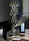 10-LIGHT LED RING GOLD DOUBLE HEIGHT LONG CHANDELIER - WARM WHITE - Ashish Electrical India