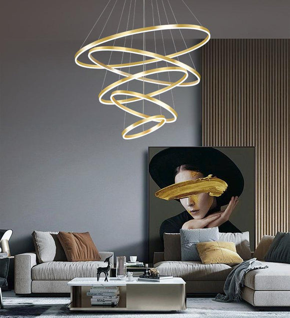 5 Light 5 Rings Stainless Steel Copper Gold LED Ring Chandelier Hanging Lamp - Warm White