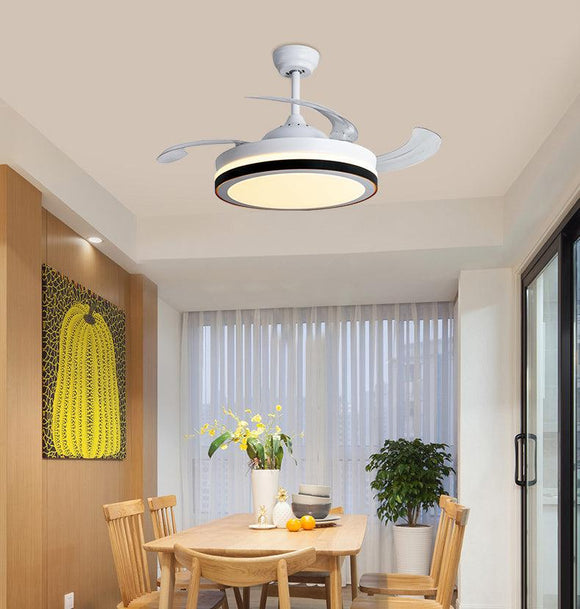 White Black Ceiling Fan Chandelier with Remote Control 4 Retractable ABS Blades - Warm White - Ashish Electrical India