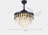 Crystal Ceiling Fan Chandelier Luxury Hiding Quiet 42 Inch Black Retractable Ceiling Fan Light LED 3 Color Setting, Dual Control-Remote - Warm White