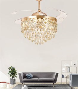 Ceiling Fan Chandelier with r Crystal and Remote Control 4 Retractable ABS Blades - Warm White