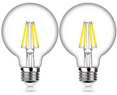 G80 LED Edison Globe Light Bulbs, Super Bright, 3500K Warm White, E-26/27 Standard Base, Clear Glass, Bathroom Vanity Mirror Light, 2-Pack - bulb