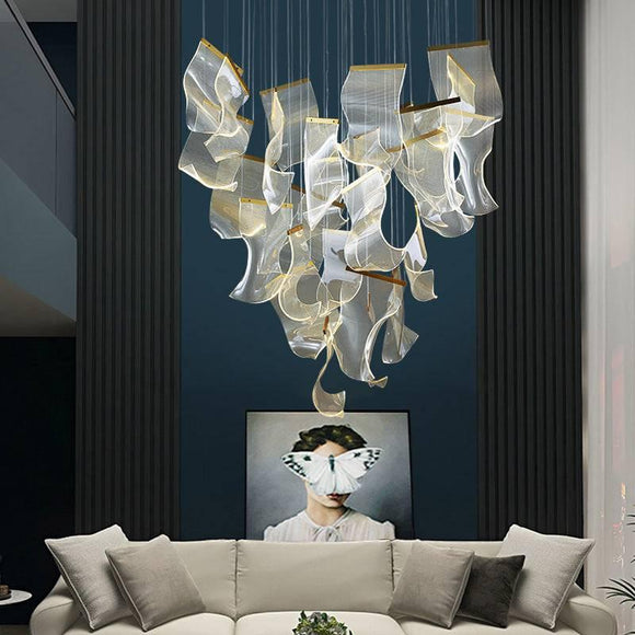 20-LIGHT LED ACRYLIC GOLD Big Curvy Plate DOUBLE HEIGHT STAIR CHANDELIER - WARM WHITE - Chandelier