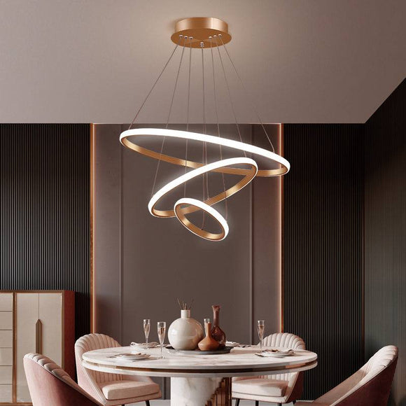 3 Ring Rose Gold Body Modern LED Chandelier for Dining Living Room Office Hanging Suspension Fancy Lamp - Warm White - Chandelier
