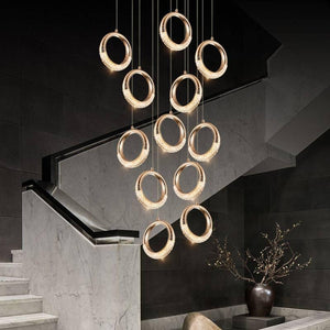 9-LIGHT LED CRYSTAL RING DOUBLE HEIGHT STAIR CHANDELIER - WARM WHITE - Chandelier