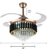 Crystal Ceiling Fan Chandelier Luxury Hiding Quiet 42 Inch Gold Retractable Ceiling Fan Light LED 3 Color Setting, Dual Control-Remote - Warm White - Chandelier