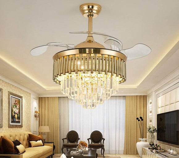 Crystal Ceiling Fan Chandelier Quiet 42 Inch Tube Gold Retractable - Warm White - Chandelier